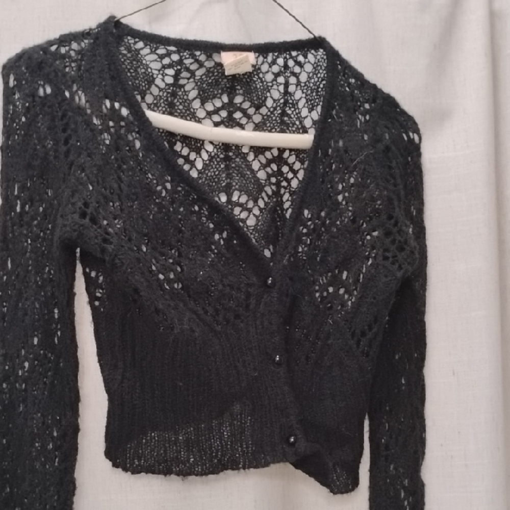 Black Crochet Cardigan 2G Vintage Y2K Beautiful Excellent Condition! Early '90s